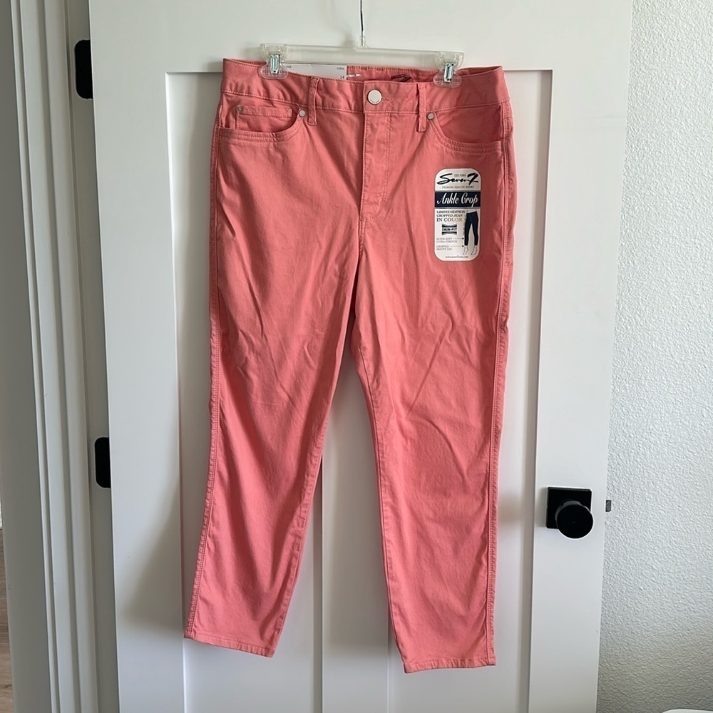 Seven7 Women's Size 14 Skim Fit Ankle Crop Jeans Peach Coral Ultra Stretch New